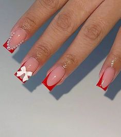 💅💅# Red With White Nails, Cute Red French Tip Nails, White And Red Nail Designs, Red Medium Nails, Red And White French Tip Nails, Red And White French Tip, Red Nails With Bow, Red Square Acrylic Nails, Red Nails With Gems