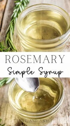 rosemary simple syrup in a glass jar with a spoon