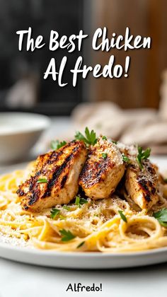 the best chicken alfredo is served on a white plate