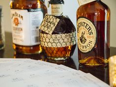 three bottles of whiskey sitting on top of a wooden table next to papers and glasses