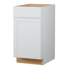 a white cabinet with a wooden door and drawers on the bottom shelf, in front of a white background