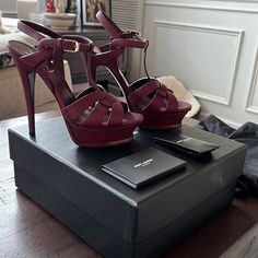 Saint Laurent Interwoven Leather Sandal. 4.1" Covered Stiletto Heel; 1.2" Platform; 3.1" Equiv. Tapered Straps Band Open Toe. T-Strap Adjustable Ankle Strap. Leather Lining And Sole. Size 37.5 Comes With Box, 2 Dust Bags, Authenticity Card And 2 Additional Heel Caps Luxury Red Sandals With 4-inch Heel, Designer High Heel Sandals With Red Sole, Designer Ankle Strap Heels With Red Sole, Designer Closed Toe Heels With Heel Strap, Designer Ankle Strap Heels With 4-inch Heel, Designer Cocktail Sandals With Red Sole, Designer Open Heel Heels With Red Sole, Designer Cocktail Sandals With 4-inch Heel, Designer Closed Toe Sandals With 4-inch Heel