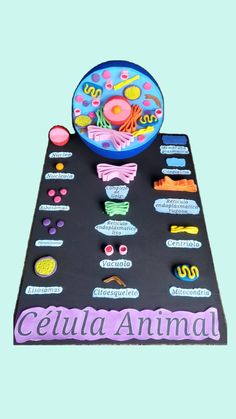 an animal cell phone is sitting on top of a black board with buttons and magnets