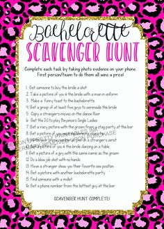 a pink and black leopard print with the words bachelor scavenger hunt