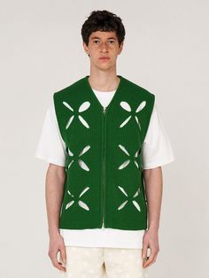 Editor's NotesUNALLOYED’s knit vest gives casual look with semi-oversized fit and clover hole pattern.- Semi-oversized fit- V-neck knit vest- Clover hole pattern- Logo label at side- Zipper closure- Wool blend fabric Measurements(in.)S / L- Length: 25.6in. / 26.8in.- Chest: 20.9in. / 22.4in.- Shoulder: 16.5in. / 18.1in.- Armhole: 9.8in. / 10.2in.*Model Info: 6’1’’ 154.3lbs Bust 35.4’’ Waist 28.0’’ Fitting Size L*Model Info: 5’10’’ 117.9lbs Bust 30.7’’ Waist 28.3’’ Fitting Size L*Model Info: Spring Green Knit Vest, Mens Photoshoot, Mens Photoshoot Poses, Pattern Logo, Green Vest, Logo Label, Sleeveless Vest, Knit Vest, Photoshoot Poses