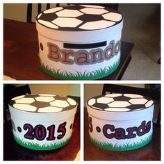 three pictures of a soccer themed box with the name brandy on it and an image of a soccer ball