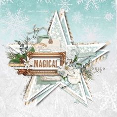 a christmas card with an ornament and snowflakes in the background, as well as a star