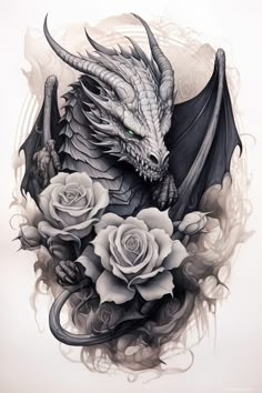 a black and white drawing of a dragon with roses