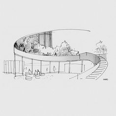 a drawing of a circular building with stairs leading up to it