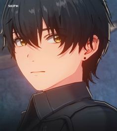 an anime character with black hair and yellow eyes looking at the camera while wearing a leather jacket