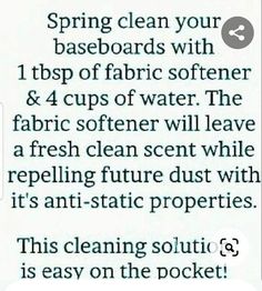 a text message that reads, spring clean your baseboards with 1 tips of fabric softener & 4 cups of water the fabric soften will leave a fresh