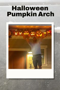 there is a man that is standing in front of some pumpkins