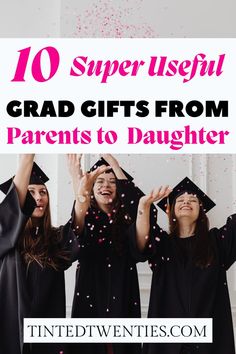 three girls in graduation caps and gowns are throwing confetti into the air