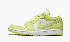 The Women’s Air Jordan 1 Low SE “Limelight” features an interesting mixture of colors and textures on the low-top version of Michael Jordan’s first signature shoe.  The “Limelight” is complete with lime green leather detailing on the forefoot, eyelets, collar, heel, and Swoosh.  A white perforated mesh material constitutes as the base of the shoe.  Branding appears in the form of an embroidered “Wings” logo on the heel and a Limelight Jumpman on the white mesh tongue.  A tonal “23” insignia is e Womens Air Jordan 1, Jordan Retro 1 Low, Womens Air Jordan, Green Jordans, Jordan Ones, Jordan Model, Nike Air Jordan 1 Low, Jordan Retro 1, Womens Air Jordans