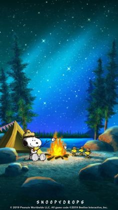 a cartoon dog sitting in front of a campfire under a night sky filled with stars