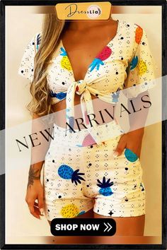 Women's Sets Printed V-neck Knotted Crop Top & Shorts Two-piece Set Casual V-neck Summer Set, Casual Summer Two-piece Set For Vacation, Casual Summer Vacation Two-piece Set, Summer Two-piece V-neck Set, White Printed Sets For Beach Season, Two-piece V-neck Beach Set, Summer Two-piece Short Sleeve Tops, Summer White Two-piece Set, White Two-piece Summer Set