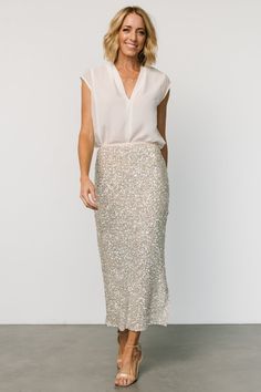 Charmed Sequin Midi Skirt | Champagne - Baltic Born Sequin Midi Skirt Outfit, White Sequin Skirt, Sequin Skirt Outfit, Gold Sequin Skirt, Xmas Outfit, Sequin Midi Skirt, Glitter Fashion, Sparkle Skirt, Midi Skirt Outfit