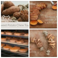 potatoes and sweet potato shells are shown in this collage