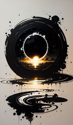 an artistic painting with black and white paint on it's surface, depicting the sun rising