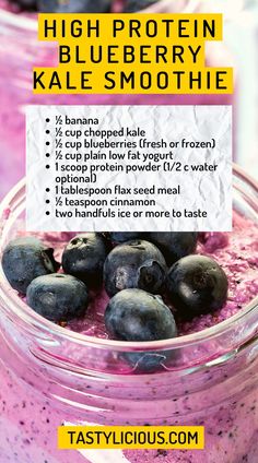 blueberry kale smoothie recipe in a glass jar with text overlay that reads high protein blueberry kale smoothie