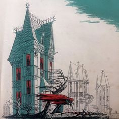 a drawing of a house with a red umbrella in front of it and another building behind it