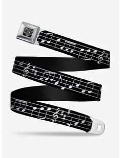 music notes on black guitar strap with silver buckle