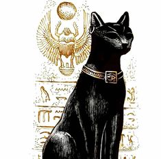 an egyptian cat is sitting in front of the egyptian sun and eagle symbol, as well as other symbols