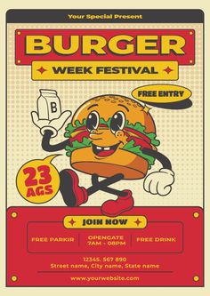 a flyer for a burger festival with an image of a cartoon character holding a drink