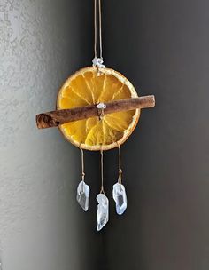 an orange slice hanging from a string with some crystals on it and a piece of wood sticking out of it