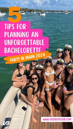 a group of women in bikinis on a boat with the text 5 tips for planning an unforgetable bachelor party in miami