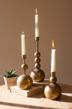 Antique Brass Taper Candle Holders Set Of 3 By Kalalou | Candle Holders |  Modishstore Boho Vases, Boho Shelf, Candlestick Collection, Three Candle Holder, Antique Brass Candlesticks, Tall Candle Holders, Modern Mirrors, Shelves Design, Modern Rustic Homes