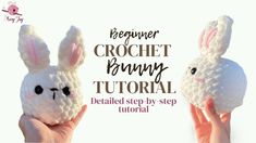 the crochet bunny is being held up by someone's hand with text overlay