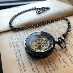 Black Postmodern Mechanical Pocket Watch -on Fob or Necklace | Ragtrader Vintage Sleek Watch, Aquarius Gifts, Cameo Bracelet, Pocket Chain, Vintage Wedding Gifts, Pocket Watch Necklace, Mechanical Pocket Watch, Vintage Pocket Watch, Steampunk Accessories