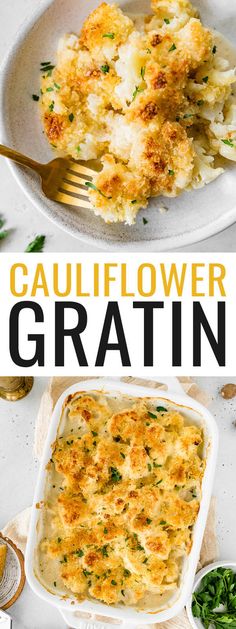 cauliflower gratin in a white casserole dish with text overlay