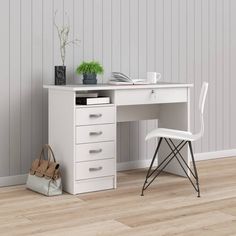 a white desk with drawers and a chair next to it