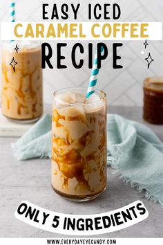 two glasses filled with caramel coffee on top of a table