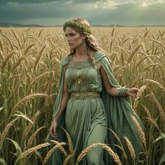 a painting of a woman in a green dress standing in the middle of a wheat field