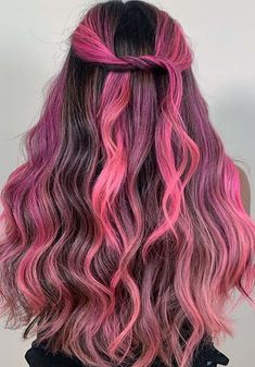 Pink Strips In Hair, Pink Balayage Hair, Brown Hair With Pink Highlights, Wigs Ideas, Pink Hair Streaks, Pink Balayage, Balayage Hair Color Ideas, Pink And Black Hair, Balayage Hair Color