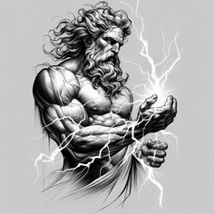 a drawing of a muscular man holding lightning