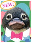 a close up of a bird with a bow tie on it's head and the words new