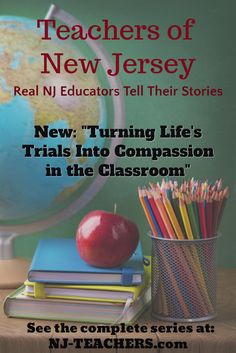 an advertisement for teachers of new jersey featuring books, pencils and an apple on a desk