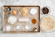 an overhead view of baking ingredients on a tray