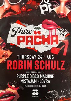 the poster for pure party is displayed in front of a black background with red and white graphics