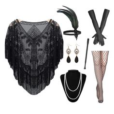 PRICES MAY VARY. 【Complete 1920s Look】Get everything you need to complete your 1920s outfit with this value bundle that includes 7 pieces, including a sequined shawl, fishnet tights, flapper headband, black gloves, earrings, pearl necklace, and a black holder 【Eye-Catching Design】Stand out at any event with the retro 1920s design of this semi-sheer shawl, adorned with glittering beads and embellishments 【Perfect Accessories】Complete your look with the feathered elastic headbands, vintage-style b Elegant Black Flapper Dress For Costume, Roaring 20s Accessories, 20s Accessories, 1920s Outfit, Flapper Outfit, Sheer Shawl, Flapper Accessories, 1920s Design, 1920s Looks