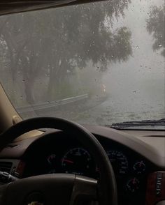 the dashboard of a car on a rainy day with trees and water in the background