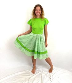 "This dress is great - full circle skirt. Great vintage shape Tag: Square Dance Dress Co. Zipper in the back Size 12 Talon zipper in the back Made in the USA 65% polyester, 35% cotton Lying flat... Armpit to armpit: 19\"  40\" top to bottom Across waist: 14\" hips free" Retro Dresses With Ruffles And Full Skirt, Green Retro Dress With Full Skirt, Green Retro Full Skirt Dress, Retro Full Skirt Dress With Gathered Detail, Retro Fitted Dress With Gathered Skirt, Square Dance Dress, Square Dance Dresses, Dancing Dress, Square Dance