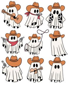 a set of cartoon ghost with different hats and scarves, playing the ukulele guitar