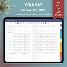 the digital planner is displayed next to a cup of coffee and an ipad on a table