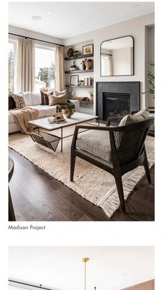 living room with white walls and wood flooring in the same color scheme as well as modern furniture