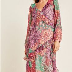 Featuring Elegant Ruffles And A Striking Floral Patchwork , This Tunic Is An Easy-To-Style Essential. Polyester Ruffled Detail Semi-Sheer Puffed Sleeves V-Neck Tunic Silhouette Pullover Styling Hand Wash Imported Measurements Bust:42” Length:46” Sleeve Length:23.5” Bohemian Midi Dress With Ruffle Hem For Parties, Bohemian Flowy Chiffon Dress With Ruffles, Bohemian Multicolor Long Sleeve Chiffon Dress, Bohemian Chiffon Dress With Ruffles, Spring Bohemian Chiffon Dress With Ruffles, Fall Chiffon Midi Dress With Ruffles, Bohemian Midi Dress With Ruffles For Party, Flowy Multicolor Midi Dress With Ruffles, Multicolor Flowy Midi Dress With Ruffle Hem